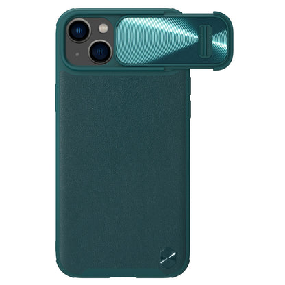 NILLKIN For iPhone 14 Plus Protective Case Anti Scratch Phone Cover PU Leather Coated PC + TPU Phone Case with Slide Camera Cover