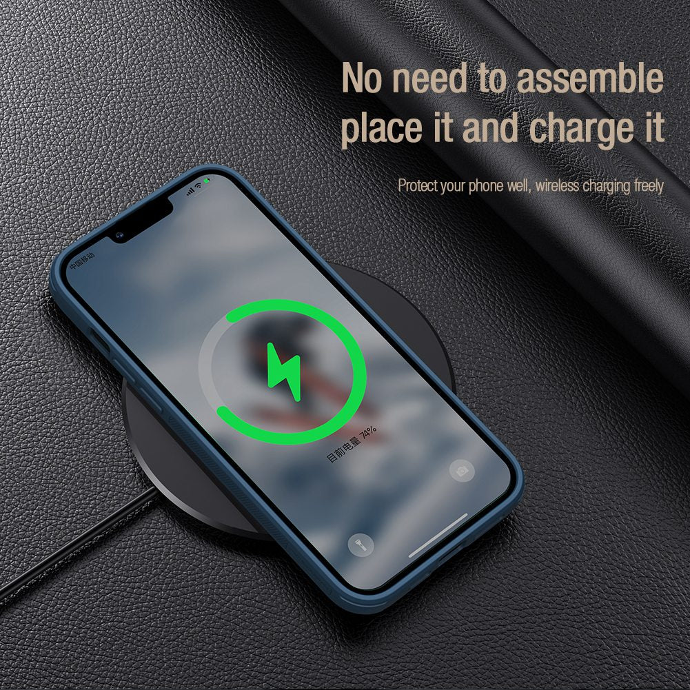 NILLKIN For iPhone 14 Plus Protective Case Anti Scratch Phone Cover PU Leather Coated PC + TPU Phone Case with Slide Camera Cover