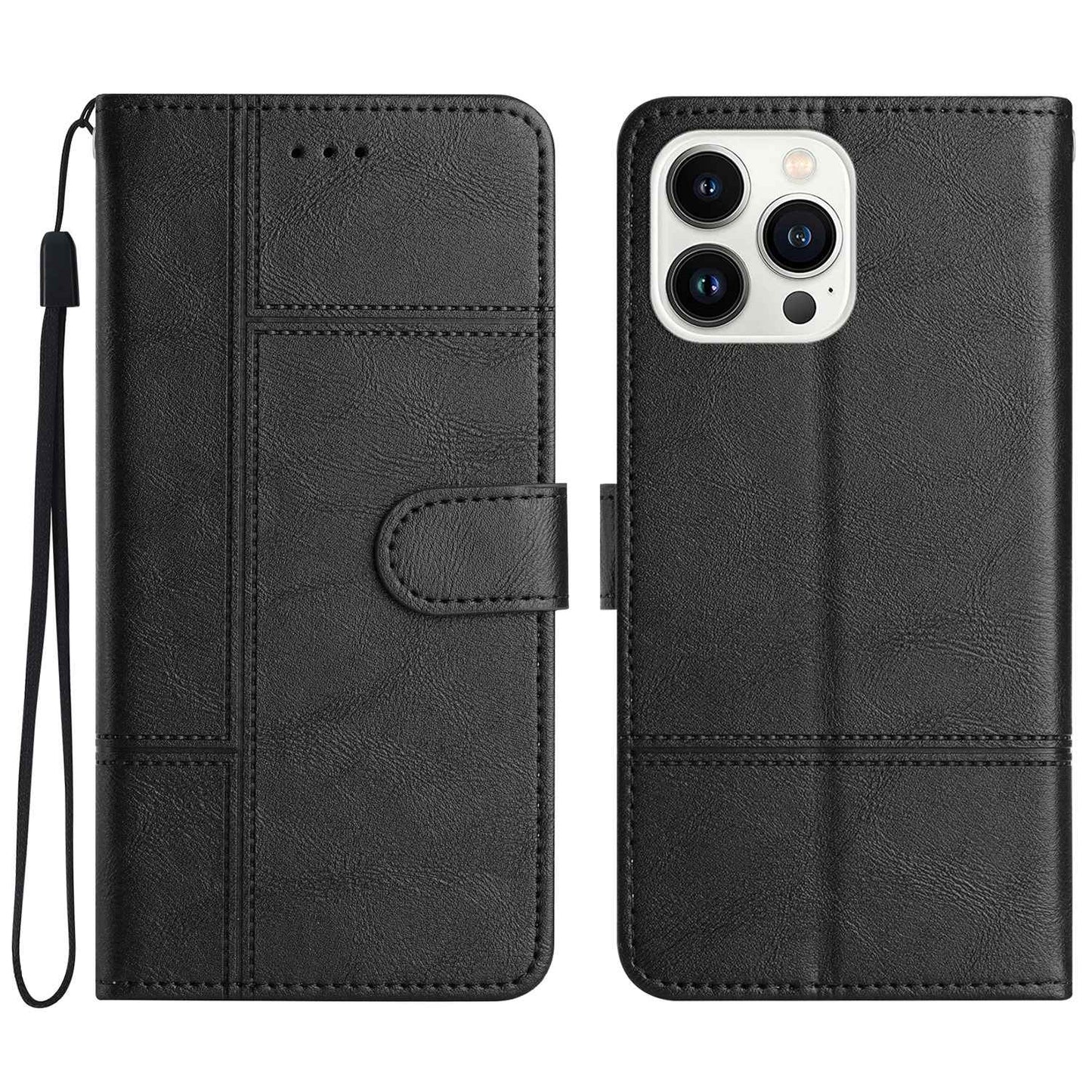 Phone Wallet Case For iPhone 13 Pro 6.1 inch, Business Style Cowhide Texture PU Leather Folio Flip Phone Cover Stand with Strap