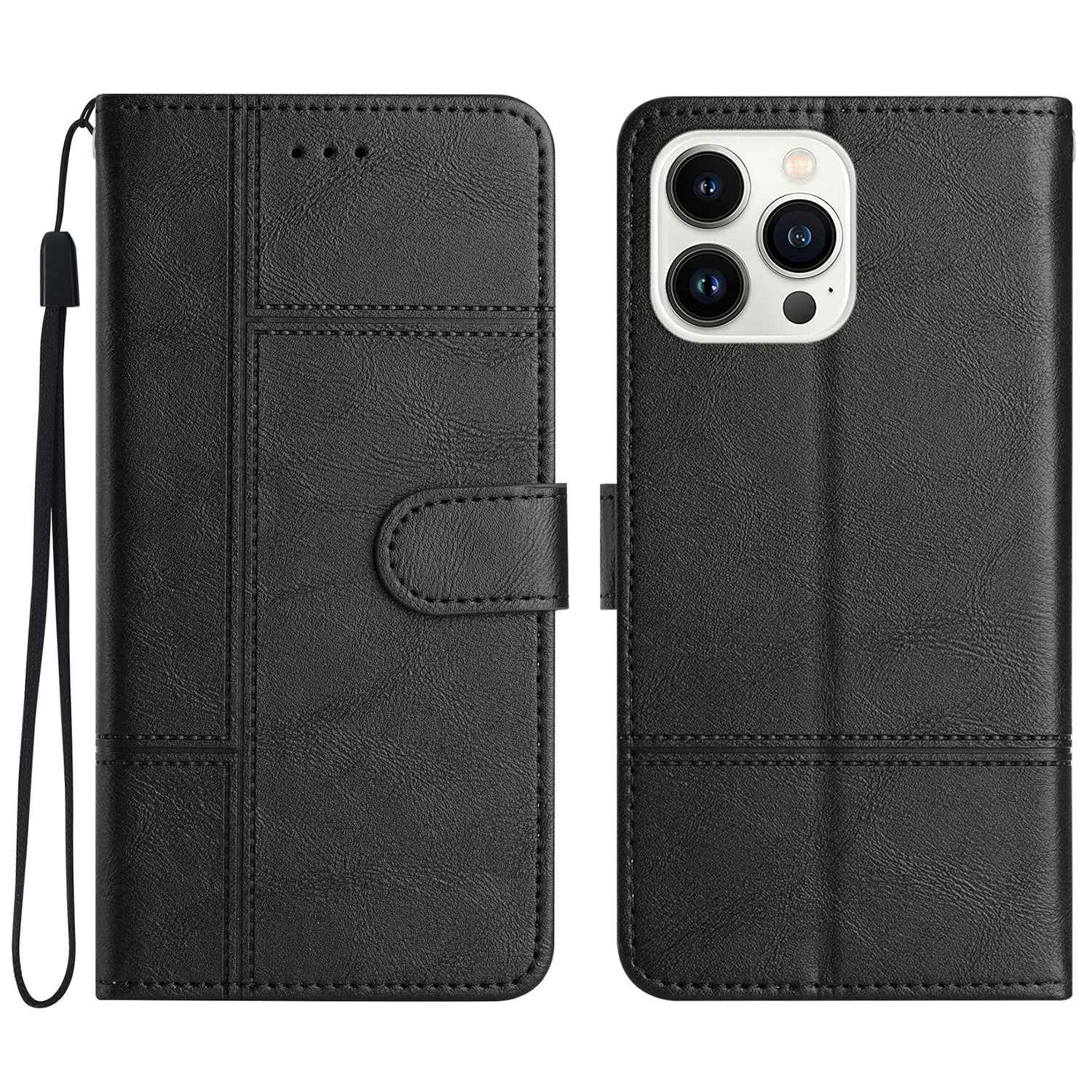 Phone Wallet Case For iPhone 13 Pro 6.1 inch, Business Style Cowhide Texture PU Leather Folio Flip Phone Cover Stand with Strap