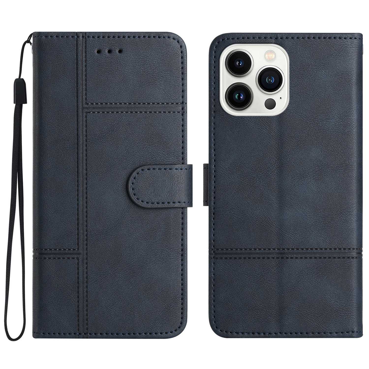 Phone Wallet Case For iPhone 13 Pro 6.1 inch, Business Style Cowhide Texture PU Leather Folio Flip Phone Cover Stand with Strap