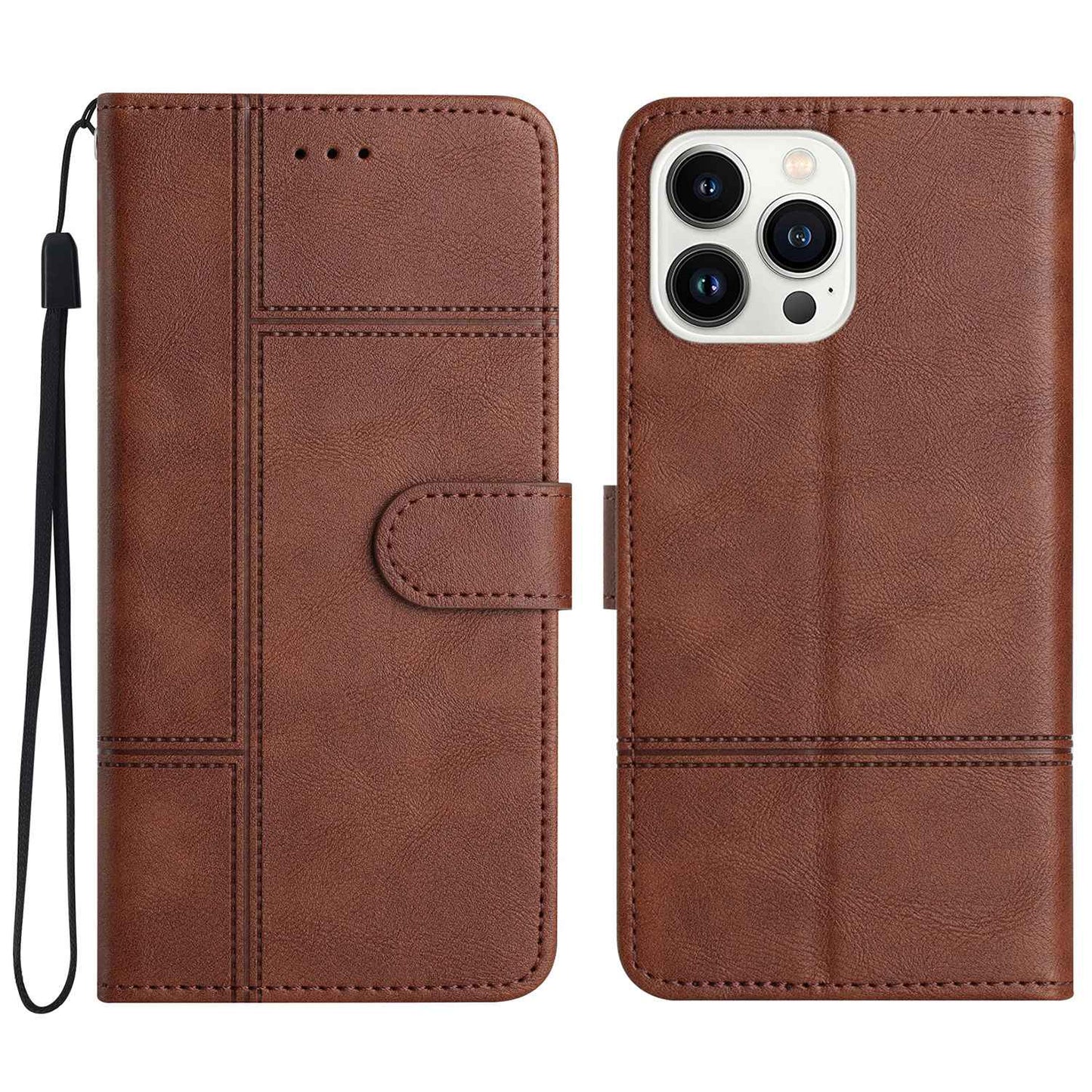 Phone Wallet Case For iPhone 13 Pro 6.1 inch, Business Style Cowhide Texture PU Leather Folio Flip Phone Cover Stand with Strap
