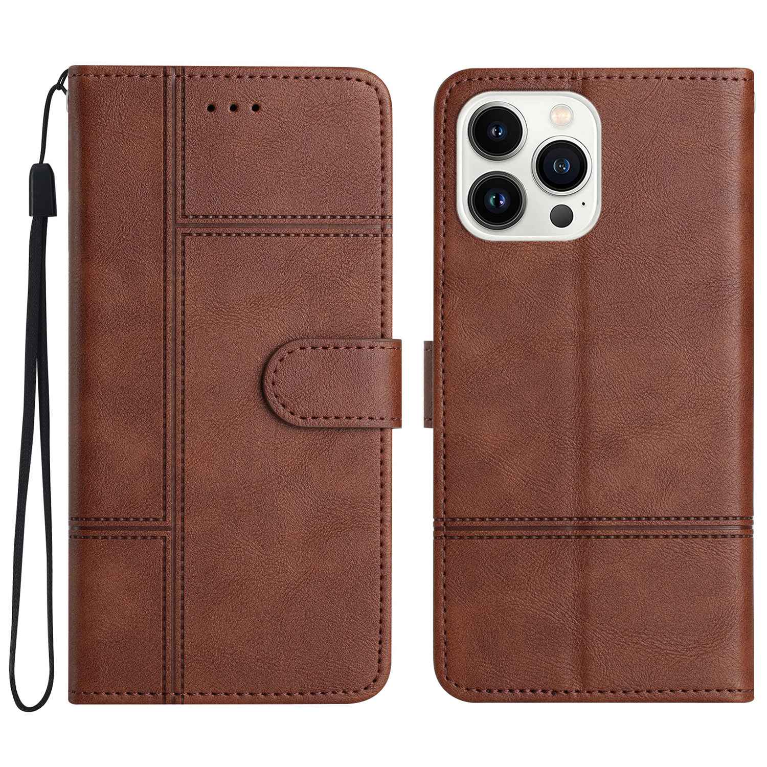 Phone Wallet Case For iPhone 13 Pro 6.1 inch, Business Style Cowhide Texture PU Leather Folio Flip Phone Cover Stand with Strap