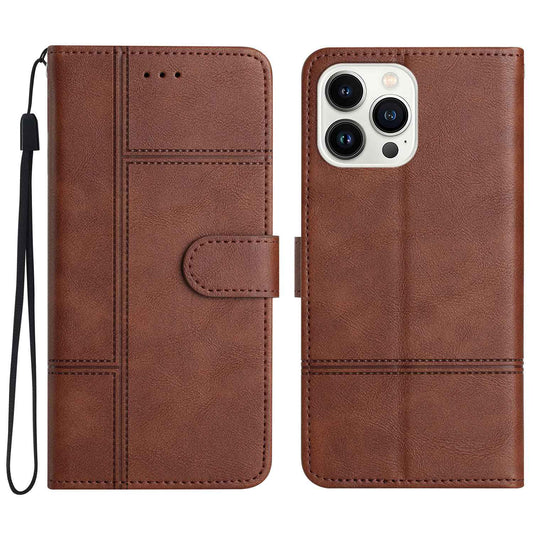 Phone Wallet Case For iPhone 13 Pro 6.1 inch, Business Style Cowhide Texture PU Leather Folio Flip Phone Cover Stand with Strap