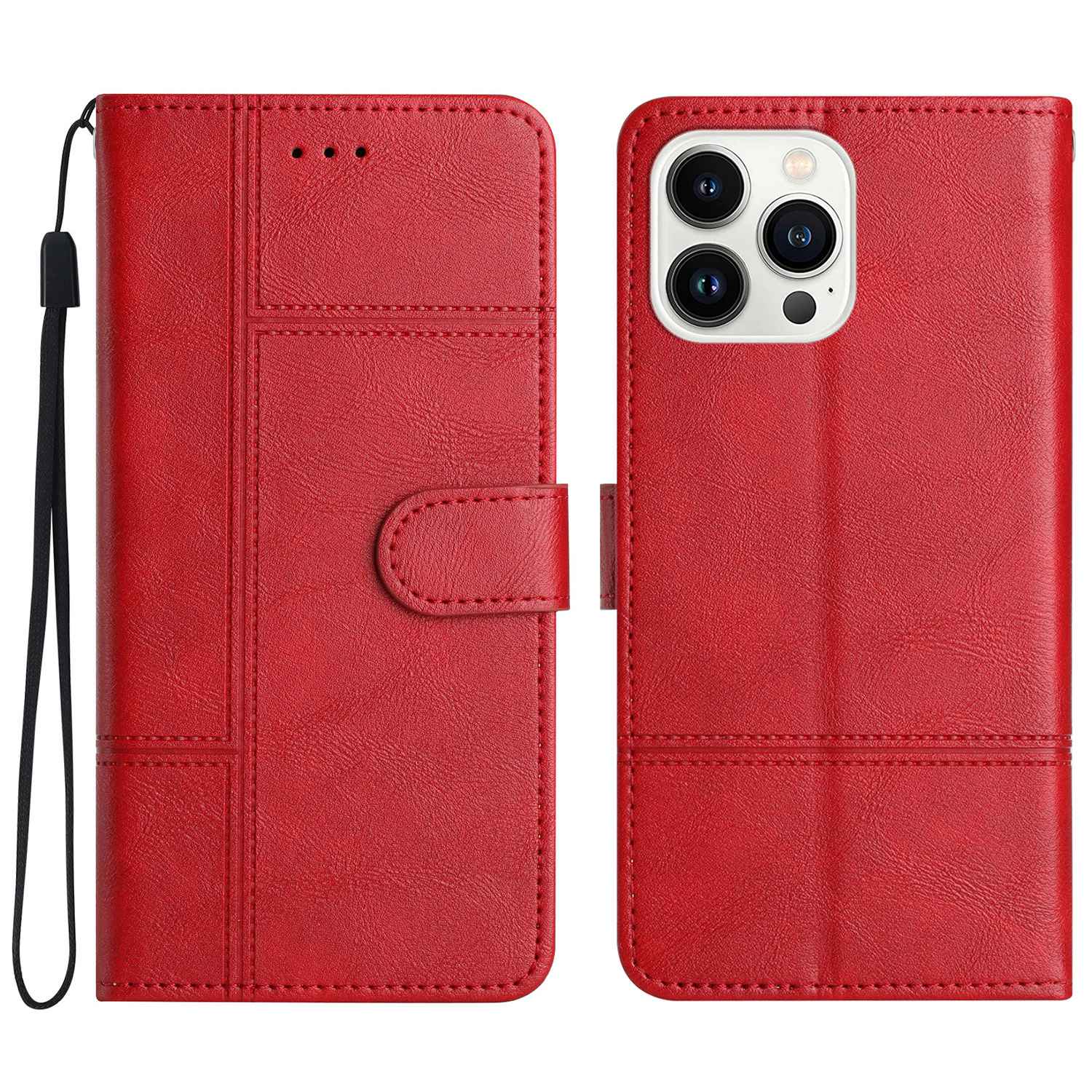 Phone Wallet Case For iPhone 13 Pro 6.1 inch, Business Style Cowhide Texture PU Leather Folio Flip Phone Cover Stand with Strap
