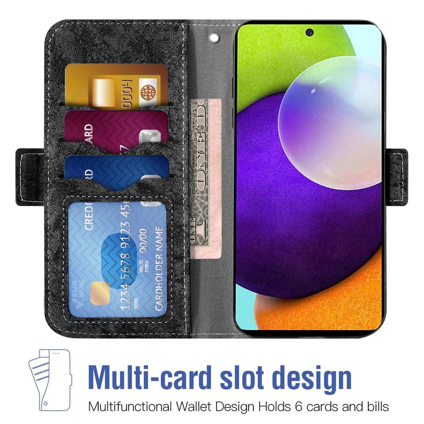 For Samsung Galaxy A52 5G / 4G / A52s 5G Shockproof PU Leather Flip Phone Wallet Case Water-ink Painting Texture with Rotating Card Slots Phone Cover