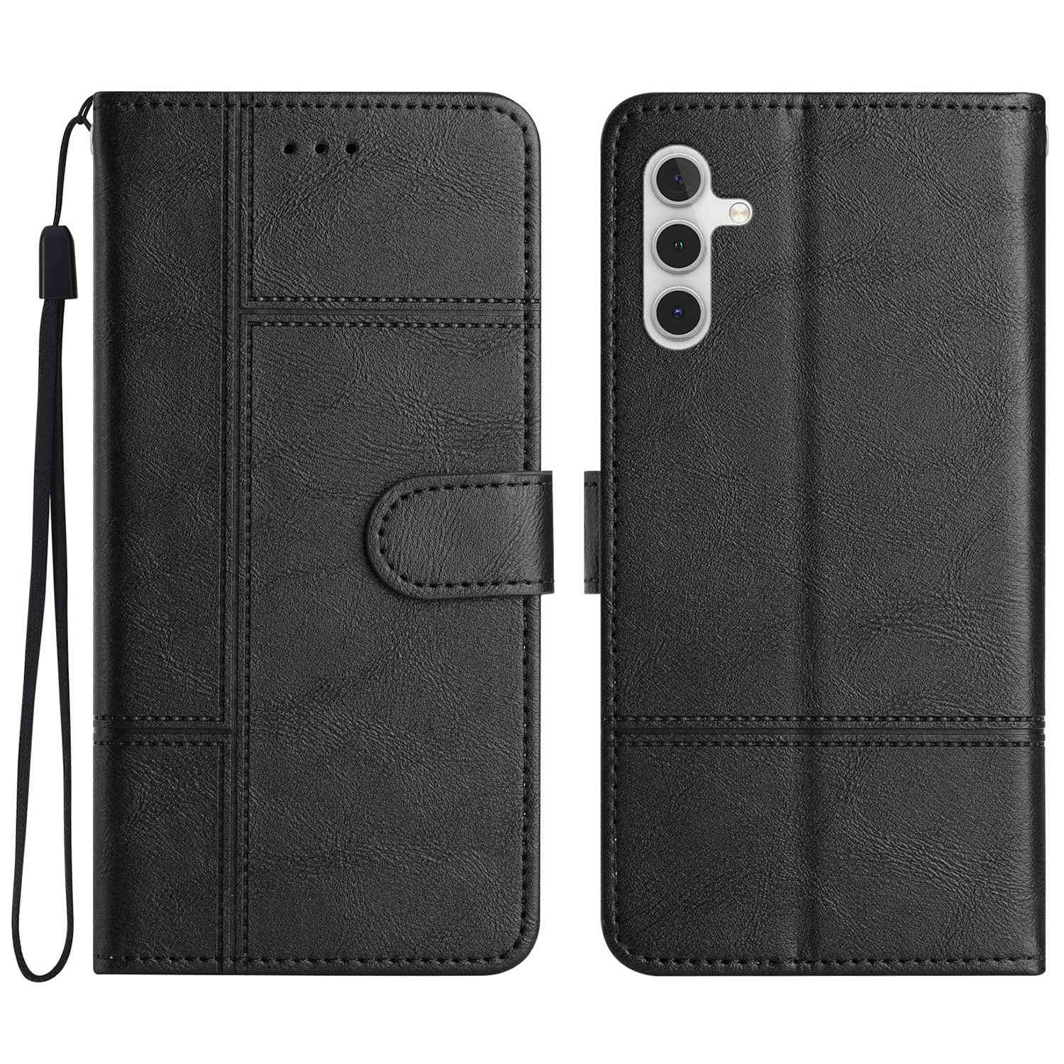 For Samsung Galaxy A04s 4G (164.7 x 76.7 x 9.1 mm) Anti-scratch Phone Shell Cowhide Texture PU Leather Sewing Line Decor Wallet  Stand Case