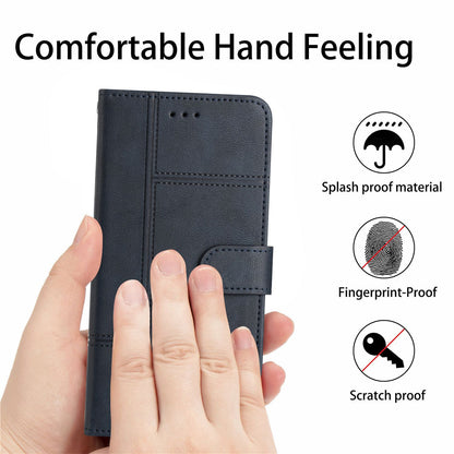 For Samsung Galaxy A04s 4G (164.7 x 76.7 x 9.1 mm) Anti-scratch Phone Shell Cowhide Texture PU Leather Sewing Line Decor Wallet  Stand Case
