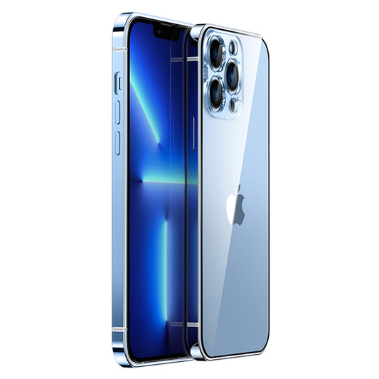 IM-CHEN For iPhone 13 Pro Max 6.7 inch Anti-scratch Phone Case Stainless Steel Frame + Transparent PC Back Drop-proof Cover