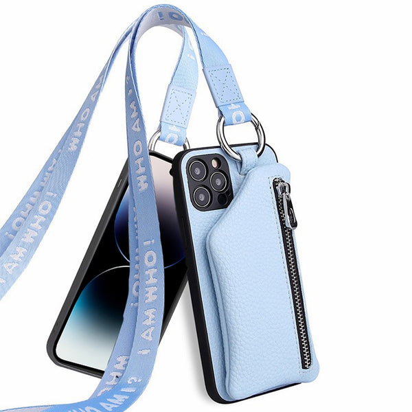 For iPhone 14 Pro Max Zipper Pocket Protective Cover with Lanyard Detachable Wallet PU Leather Coated TPU Phone Case