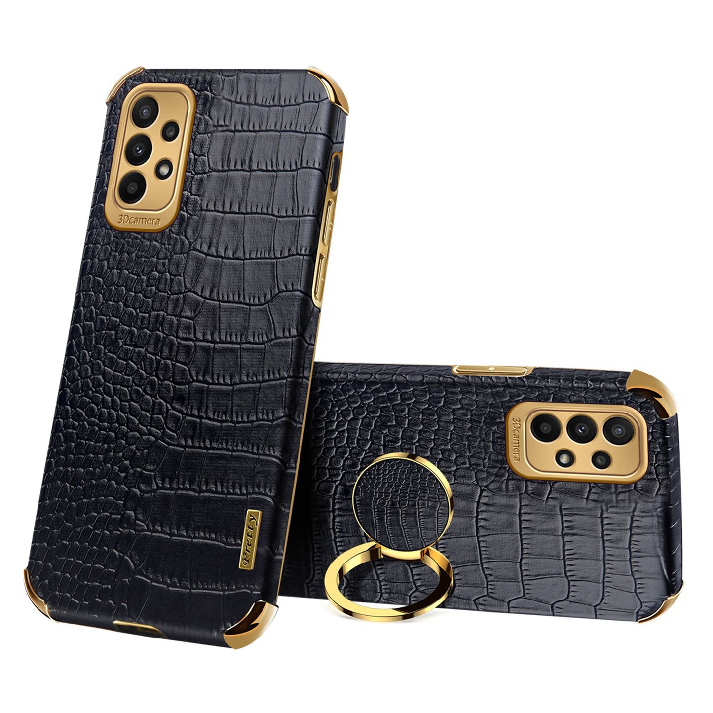 For Samsung Galaxy A23 5G Crocodile Texture Electroplating Phone Case Ring Kickstand PU Leather Coated TPU Cover