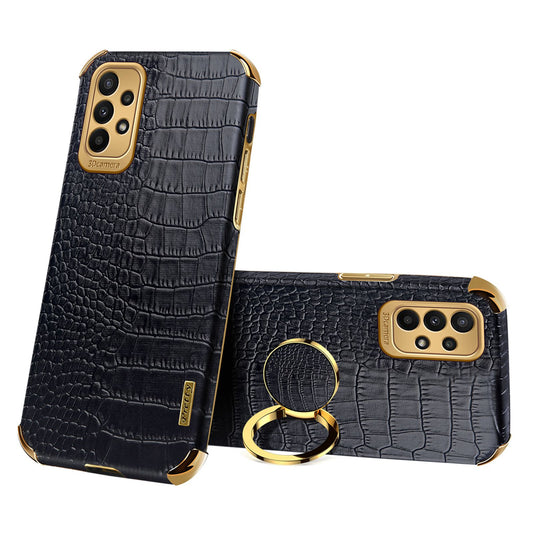 For Samsung Galaxy A23 5G Crocodile Texture Electroplating Phone Case Ring Kickstand PU Leather Coated TPU Cover