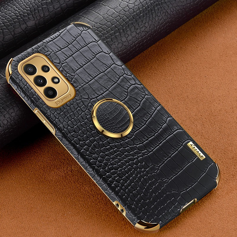 For Samsung Galaxy A23 5G Crocodile Texture Electroplating Phone Case Ring Kickstand PU Leather Coated TPU Cover