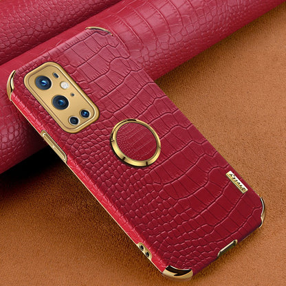 Ring Kickstand Electroplating Phone Case for OnePlus 9 Pro 5G, Crocodile Texture PU Leather Coated TPU Cover