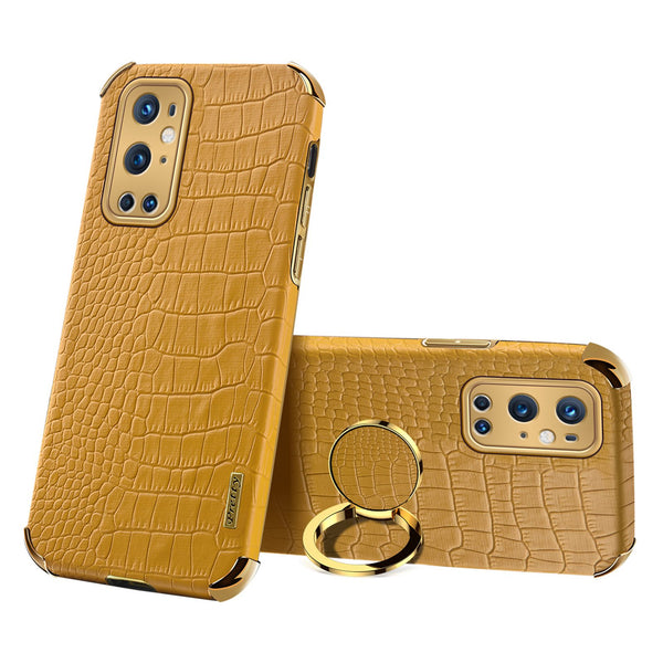 Ring Kickstand Electroplating Phone Case for OnePlus 9 Pro 5G, Crocodile Texture PU Leather Coated TPU Cover