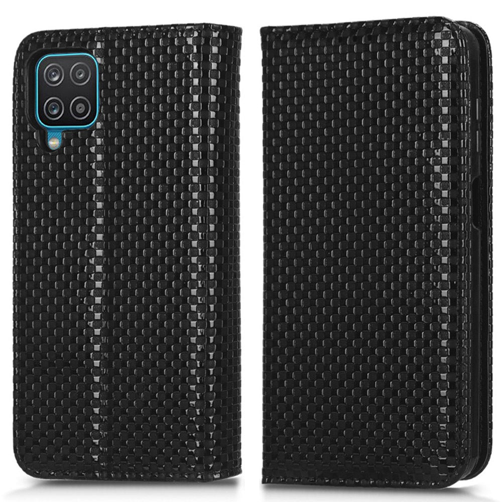 For Samsung Galaxy A12 / M12 PU Leather Stand Case, Grid Texture Magnetic Auto-absorbed Cell Phone Wallet Cover