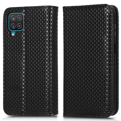 For Samsung Galaxy A12 / M12 PU Leather Stand Case, Grid Texture Magnetic Auto-absorbed Cell Phone Wallet Cover