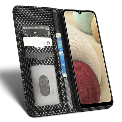 For Samsung Galaxy A12 / M12 PU Leather Stand Case, Grid Texture Magnetic Auto-absorbed Cell Phone Wallet Cover