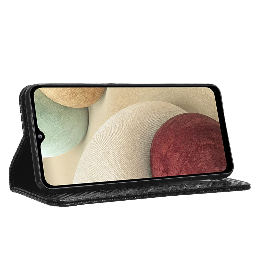 For Samsung Galaxy A12 / M12 PU Leather Stand Case, Grid Texture Magnetic Auto-absorbed Cell Phone Wallet Cover