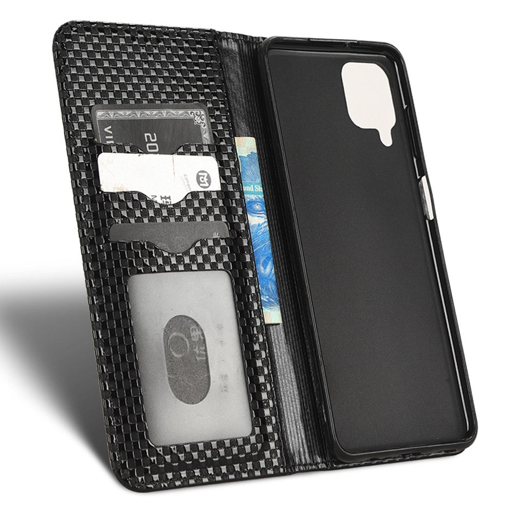For Samsung Galaxy A12 / M12 PU Leather Stand Case, Grid Texture Magnetic Auto-absorbed Cell Phone Wallet Cover