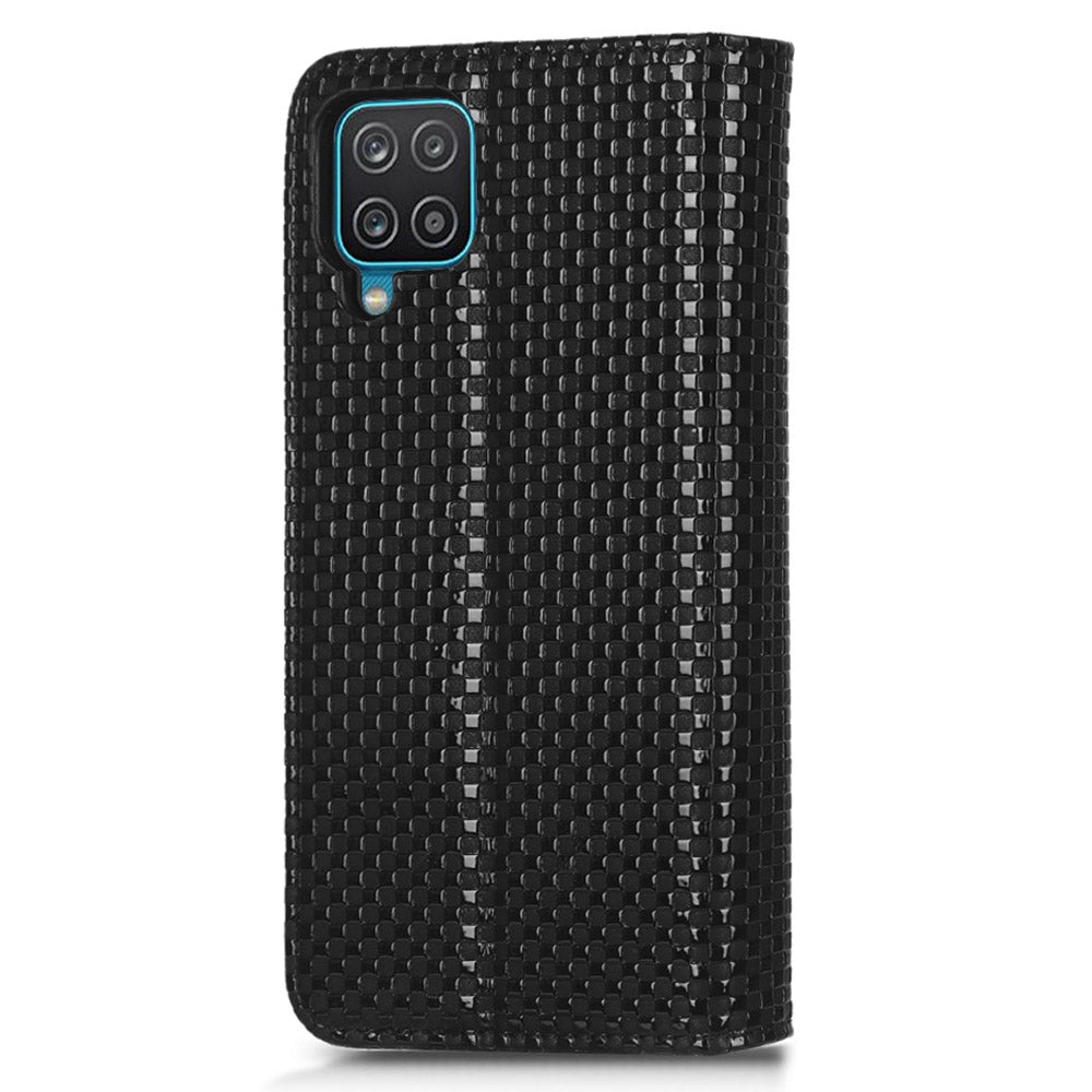 For Samsung Galaxy A12 / M12 PU Leather Stand Case, Grid Texture Magnetic Auto-absorbed Cell Phone Wallet Cover