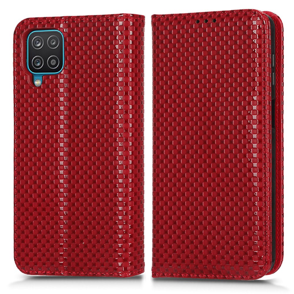 For Samsung Galaxy A12 / M12 PU Leather Stand Case, Grid Texture Magnetic Auto-absorbed Cell Phone Wallet Cover