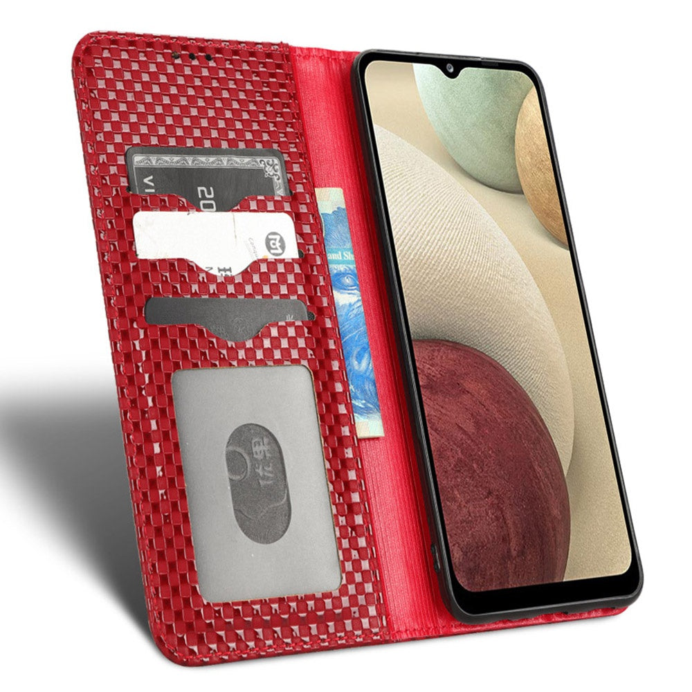 For Samsung Galaxy A12 / M12 PU Leather Stand Case, Grid Texture Magnetic Auto-absorbed Cell Phone Wallet Cover