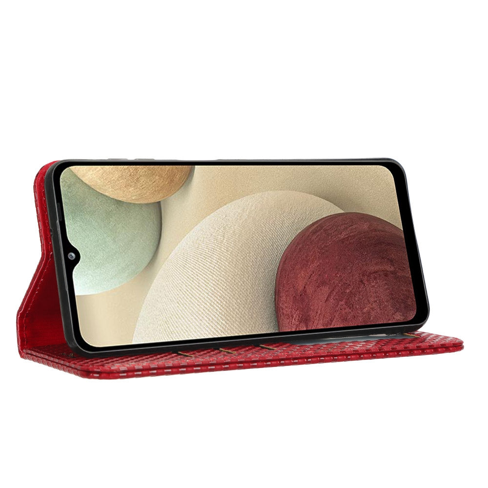 For Samsung Galaxy A12 / M12 PU Leather Stand Case, Grid Texture Magnetic Auto-absorbed Cell Phone Wallet Cover