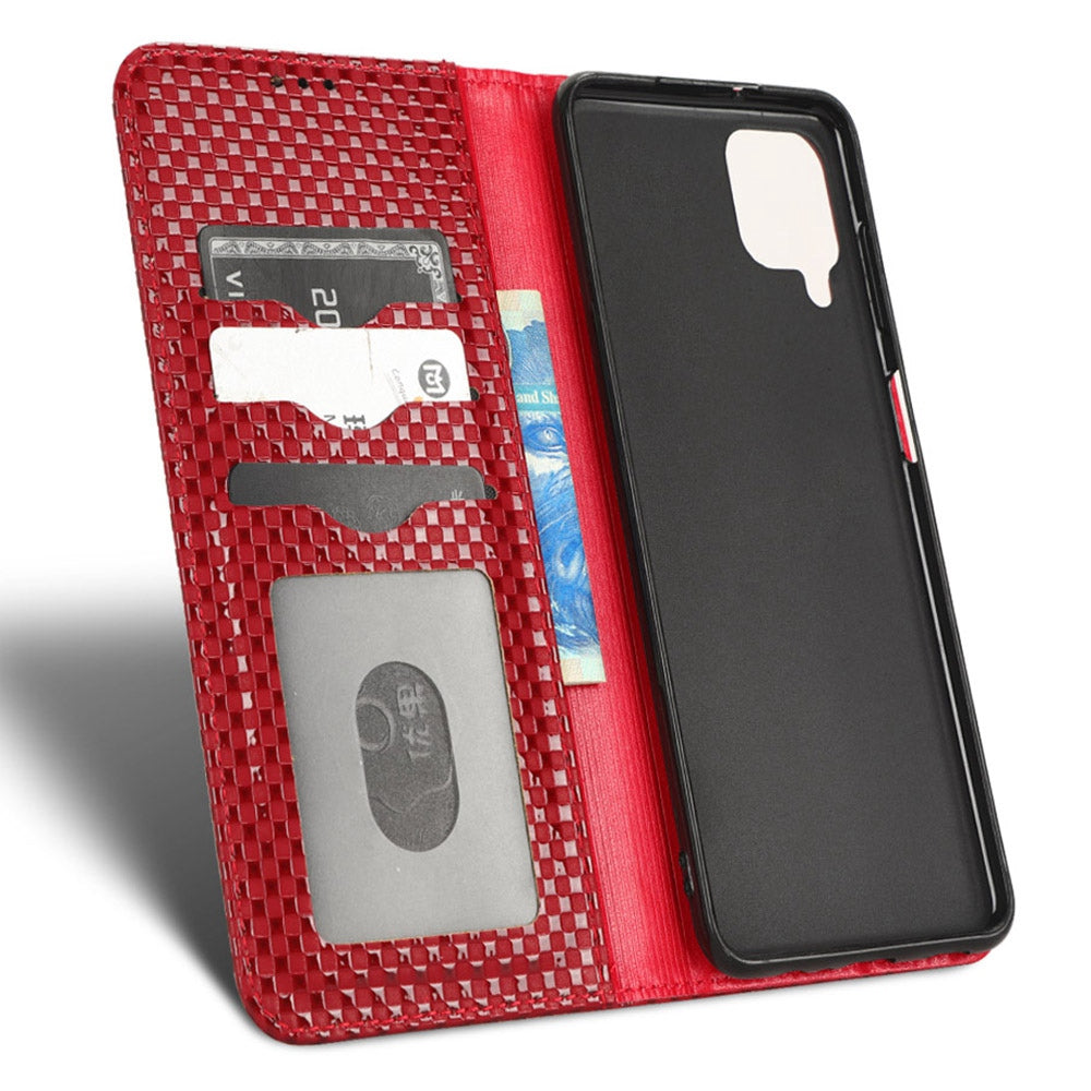 For Samsung Galaxy A12 / M12 PU Leather Stand Case, Grid Texture Magnetic Auto-absorbed Cell Phone Wallet Cover