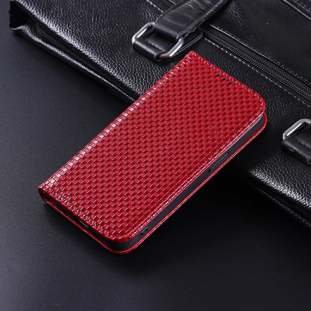 For Samsung Galaxy A12 / M12 PU Leather Stand Case, Grid Texture Magnetic Auto-absorbed Cell Phone Wallet Cover