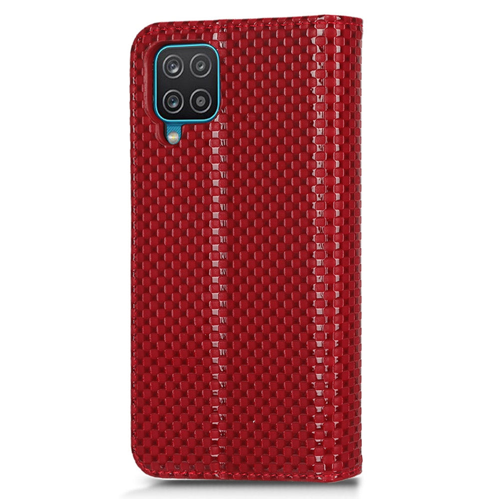 For Samsung Galaxy A12 / M12 PU Leather Stand Case, Grid Texture Magnetic Auto-absorbed Cell Phone Wallet Cover