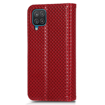 For Samsung Galaxy A12 / M12 PU Leather Stand Case, Grid Texture Magnetic Auto-absorbed Cell Phone Wallet Cover