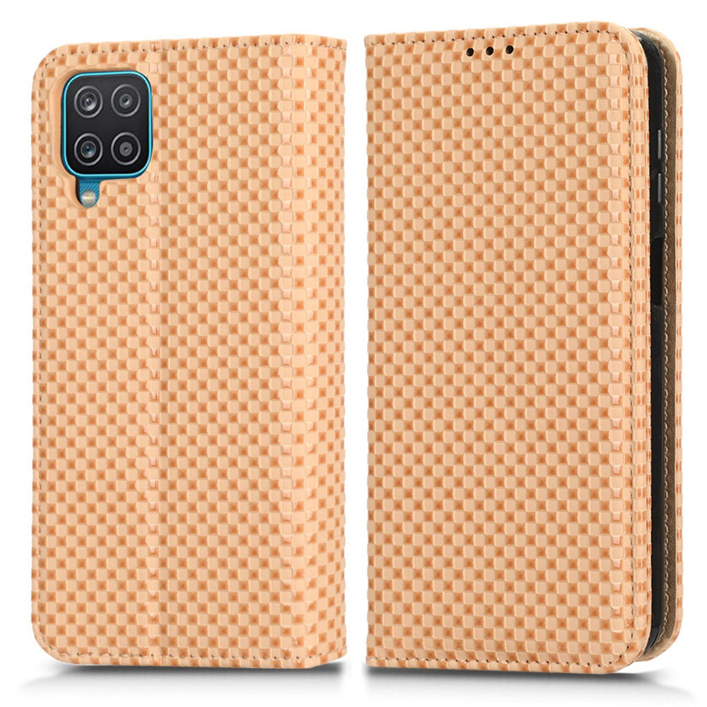 For Samsung Galaxy A12 / M12 PU Leather Stand Case, Grid Texture Magnetic Auto-absorbed Cell Phone Wallet Cover