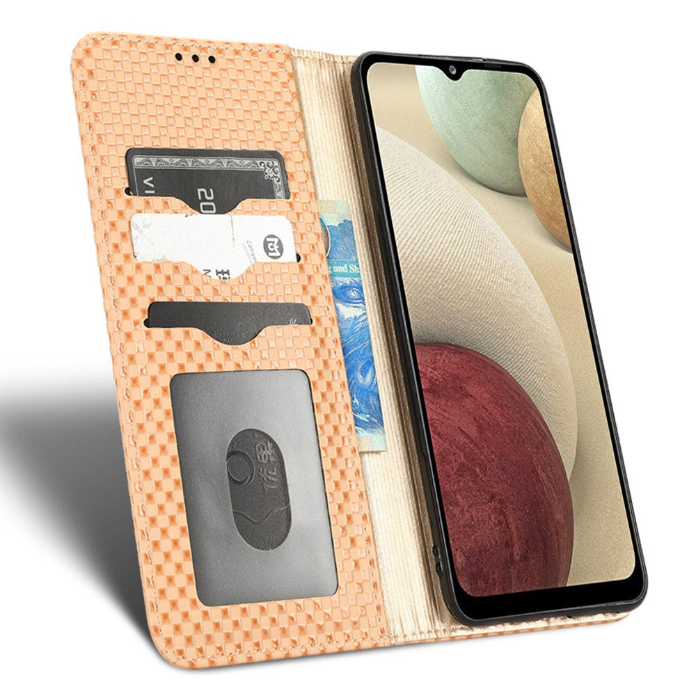 For Samsung Galaxy A12 / M12 PU Leather Stand Case, Grid Texture Magnetic Auto-absorbed Cell Phone Wallet Cover