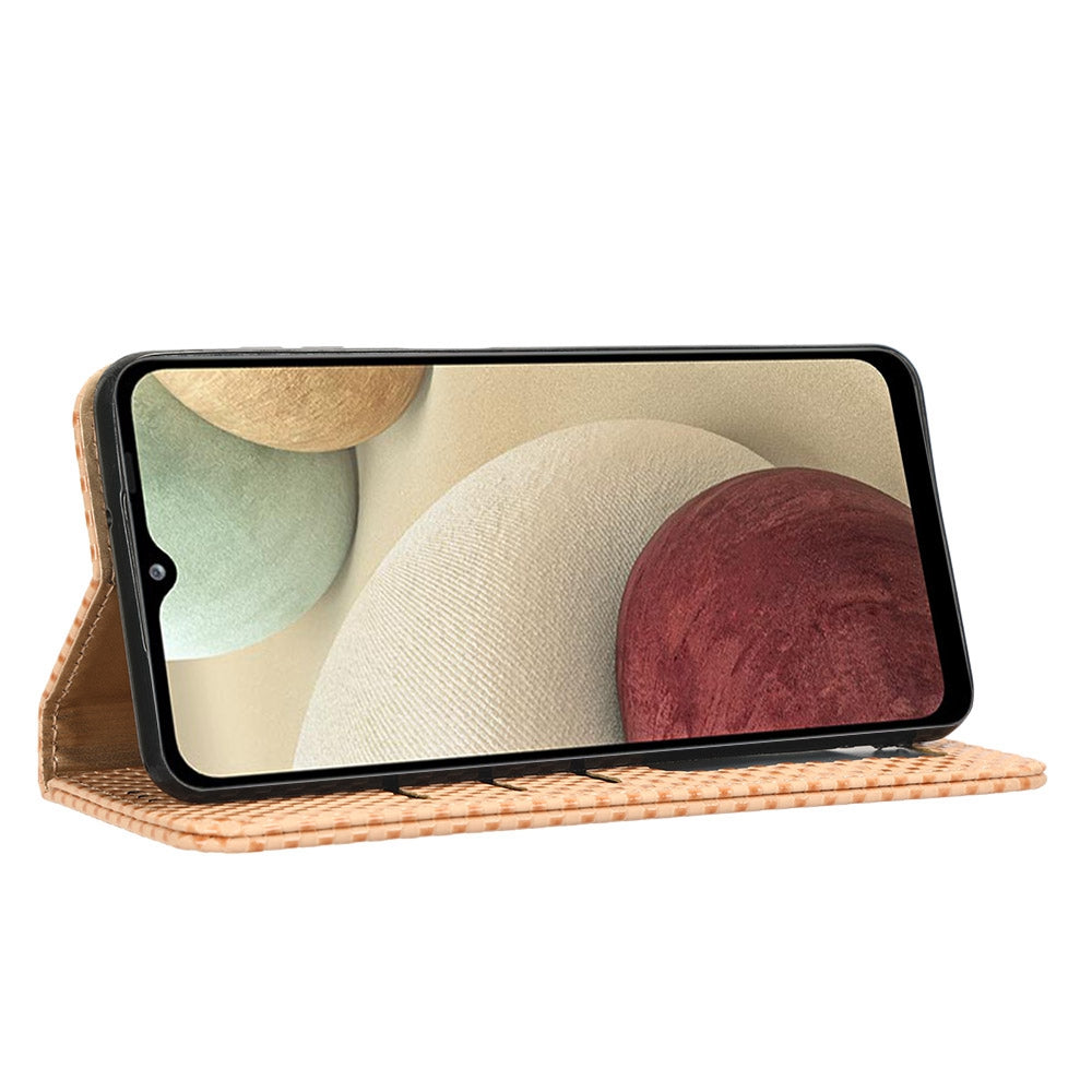 For Samsung Galaxy A12 / M12 PU Leather Stand Case, Grid Texture Magnetic Auto-absorbed Cell Phone Wallet Cover