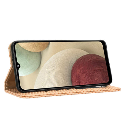 For Samsung Galaxy A12 / M12 PU Leather Stand Case, Grid Texture Magnetic Auto-absorbed Cell Phone Wallet Cover