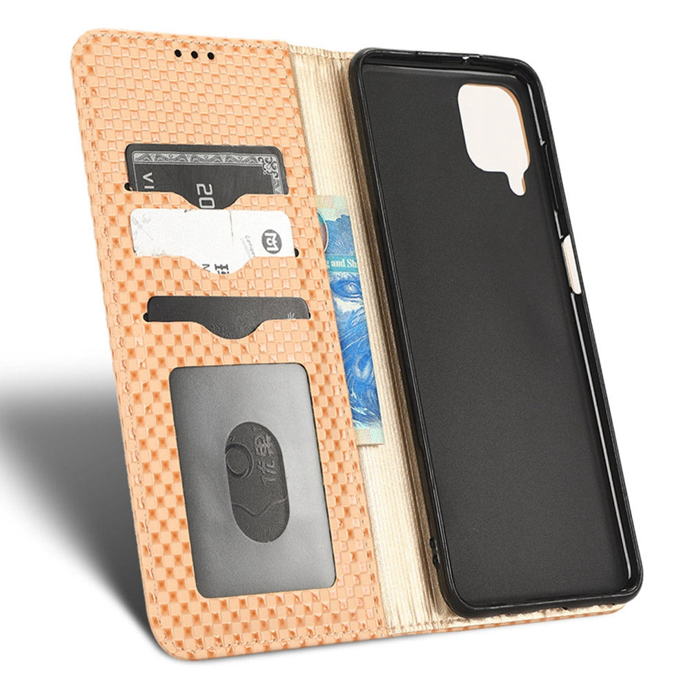 For Samsung Galaxy A12 / M12 PU Leather Stand Case, Grid Texture Magnetic Auto-absorbed Cell Phone Wallet Cover
