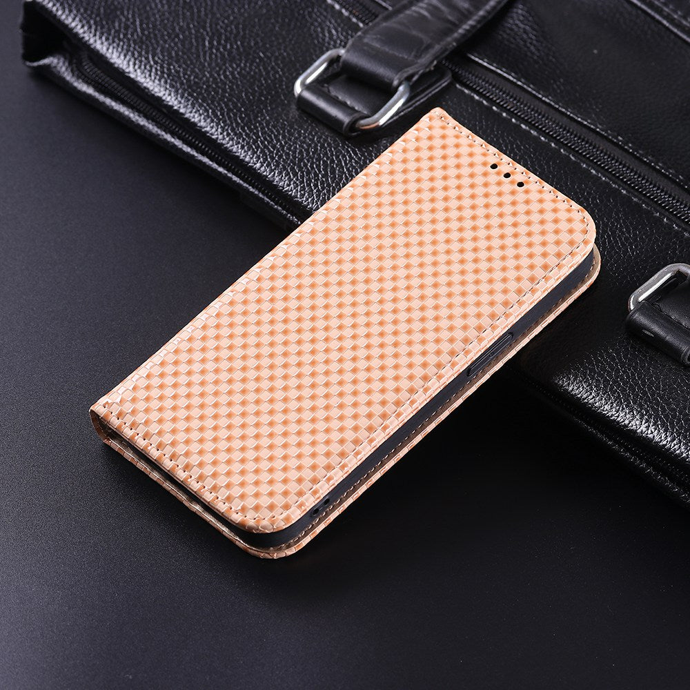 For Samsung Galaxy A12 / M12 PU Leather Stand Case, Grid Texture Magnetic Auto-absorbed Cell Phone Wallet Cover