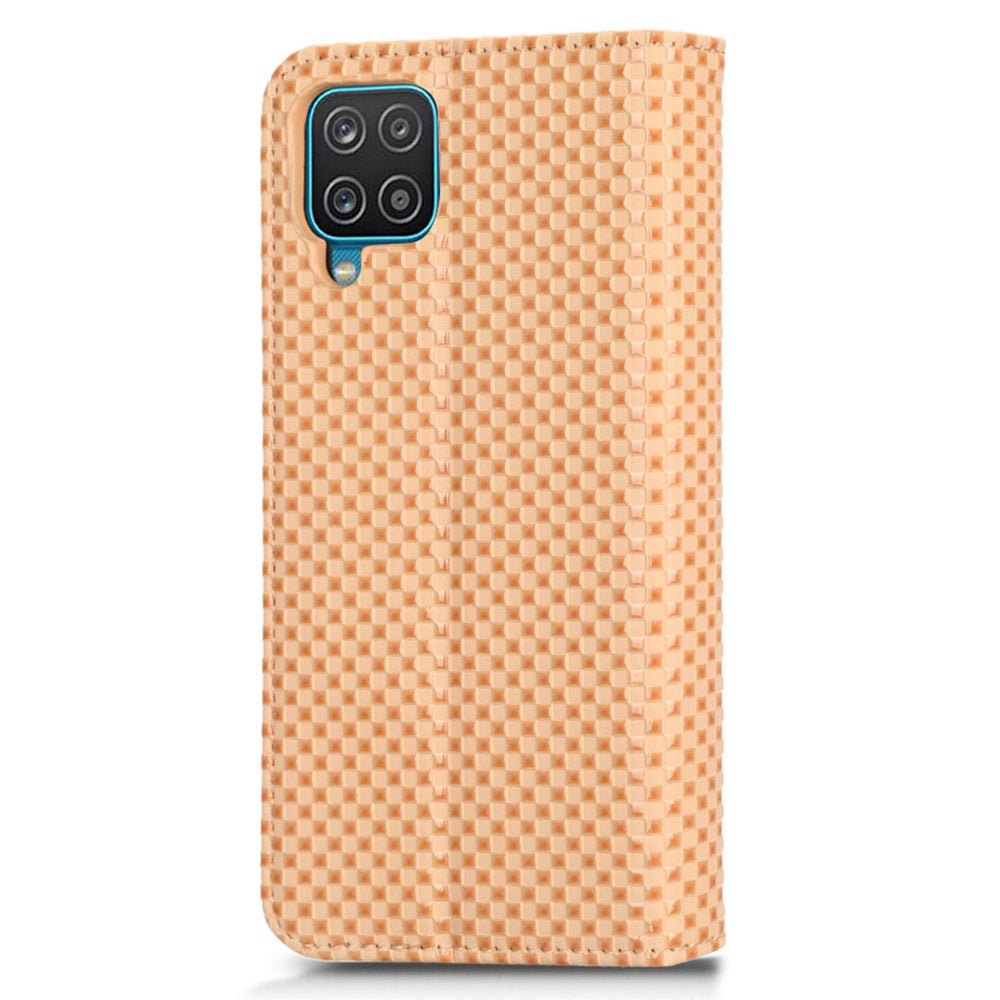 For Samsung Galaxy A12 / M12 PU Leather Stand Case, Grid Texture Magnetic Auto-absorbed Cell Phone Wallet Cover