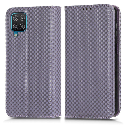 For Samsung Galaxy A12 / M12 PU Leather Stand Case, Grid Texture Magnetic Auto-absorbed Cell Phone Wallet Cover