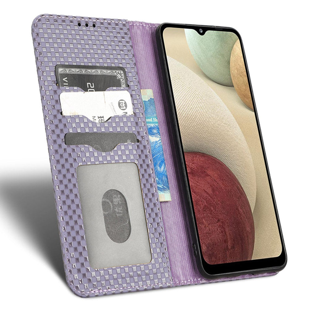 For Samsung Galaxy A12 / M12 PU Leather Stand Case, Grid Texture Magnetic Auto-absorbed Cell Phone Wallet Cover