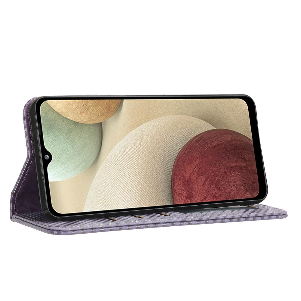 For Samsung Galaxy A12 / M12 PU Leather Stand Case, Grid Texture Magnetic Auto-absorbed Cell Phone Wallet Cover