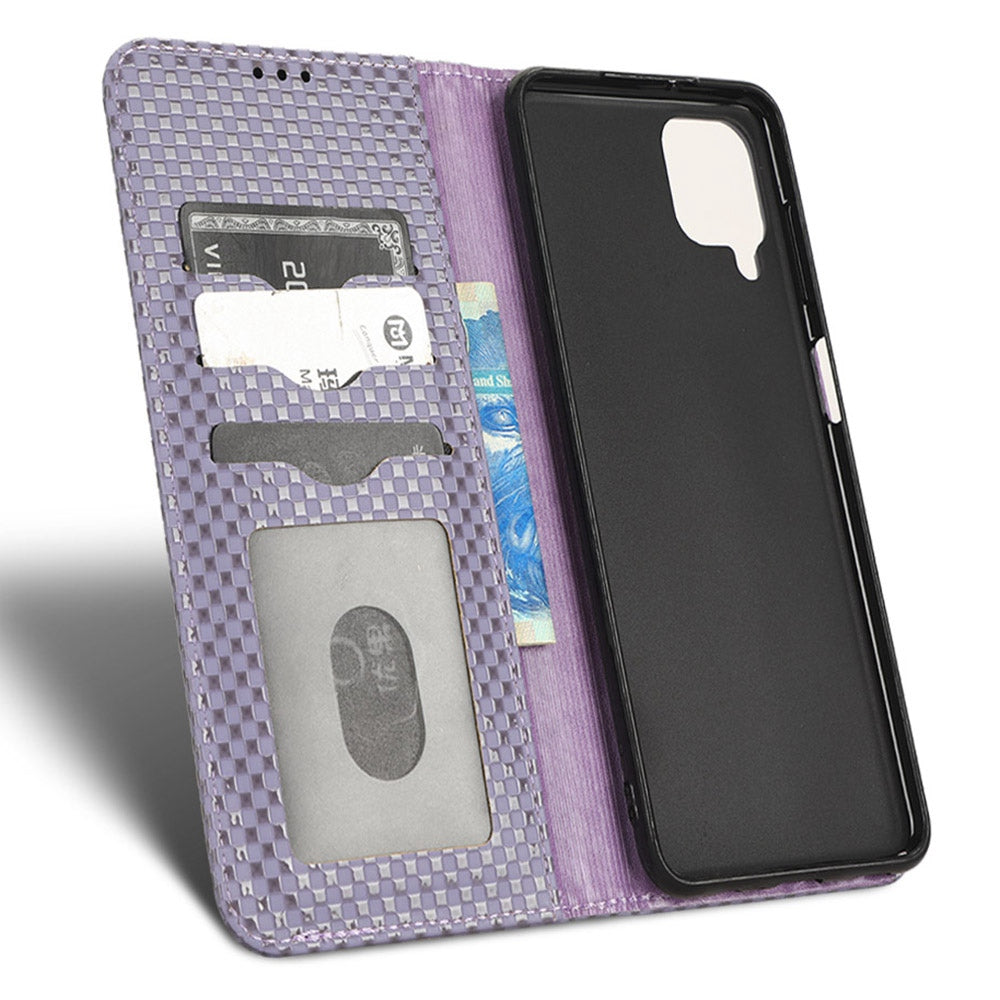 For Samsung Galaxy A12 / M12 PU Leather Stand Case, Grid Texture Magnetic Auto-absorbed Cell Phone Wallet Cover