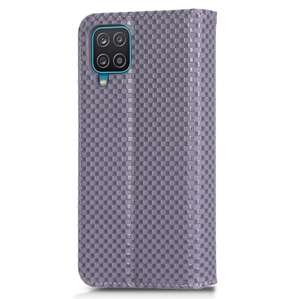 For Samsung Galaxy A12 / M12 PU Leather Stand Case, Grid Texture Magnetic Auto-absorbed Cell Phone Wallet Cover