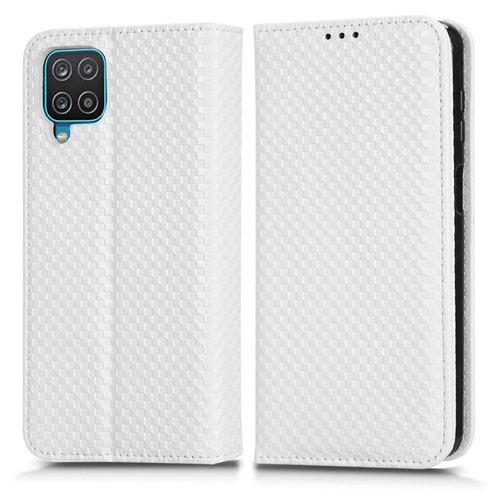 For Samsung Galaxy A12 / M12 PU Leather Stand Case, Grid Texture Magnetic Auto-absorbed Cell Phone Wallet Cover
