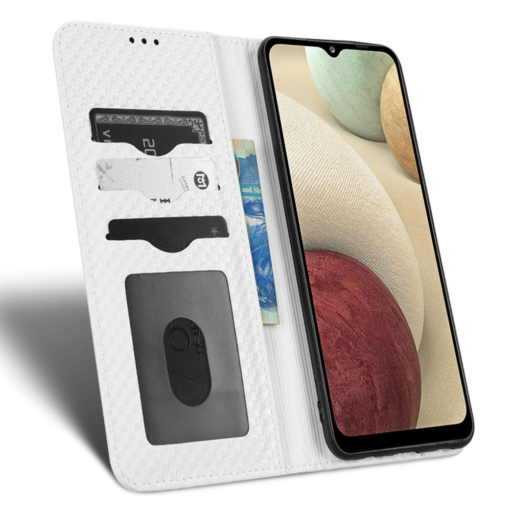 For Samsung Galaxy A12 / M12 PU Leather Stand Case, Grid Texture Magnetic Auto-absorbed Cell Phone Wallet Cover