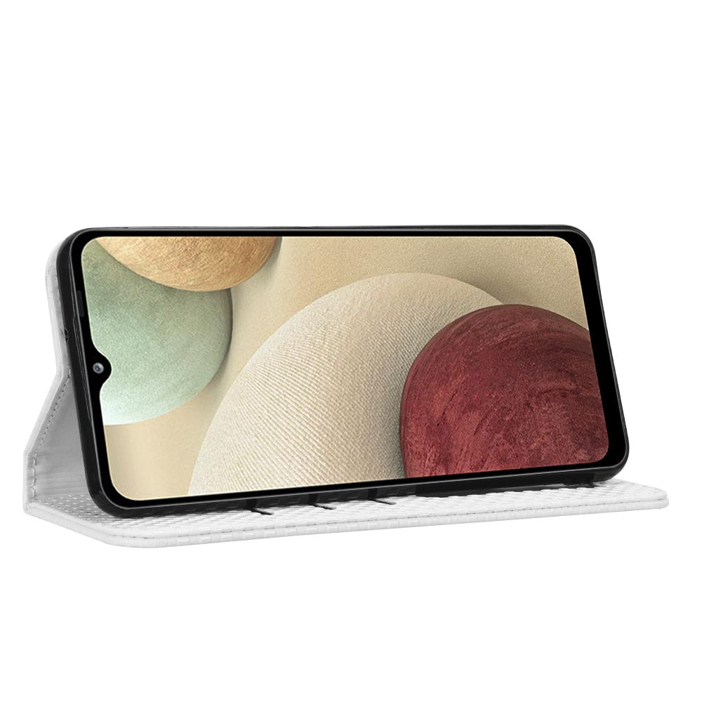 For Samsung Galaxy A12 / M12 PU Leather Stand Case, Grid Texture Magnetic Auto-absorbed Cell Phone Wallet Cover