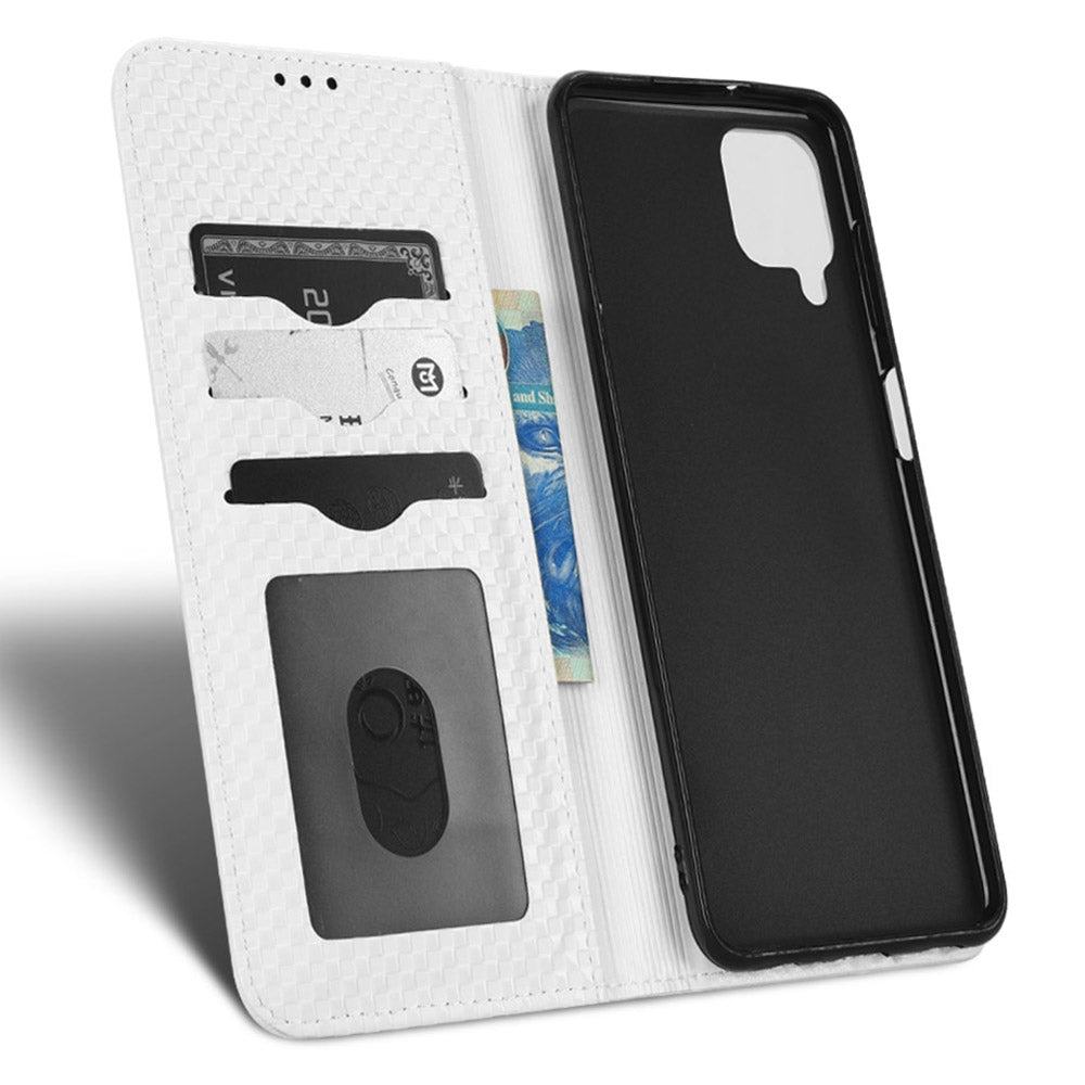For Samsung Galaxy A12 / M12 PU Leather Stand Case, Grid Texture Magnetic Auto-absorbed Cell Phone Wallet Cover