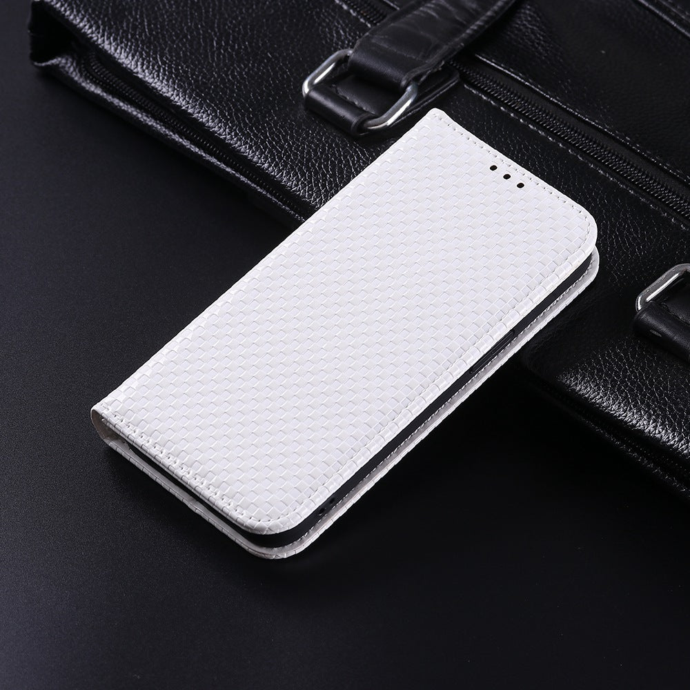 For Samsung Galaxy A12 / M12 PU Leather Stand Case, Grid Texture Magnetic Auto-absorbed Cell Phone Wallet Cover