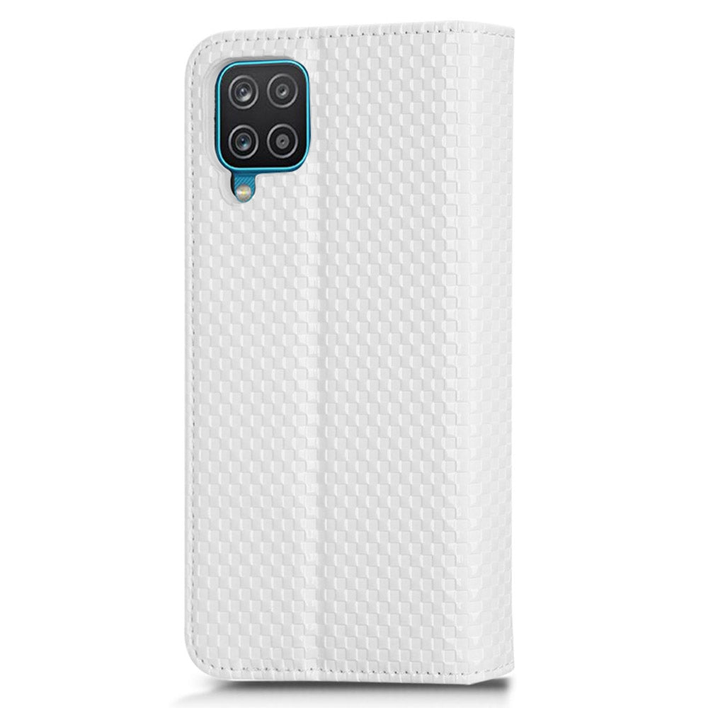 For Samsung Galaxy A12 / M12 PU Leather Stand Case, Grid Texture Magnetic Auto-absorbed Cell Phone Wallet Cover